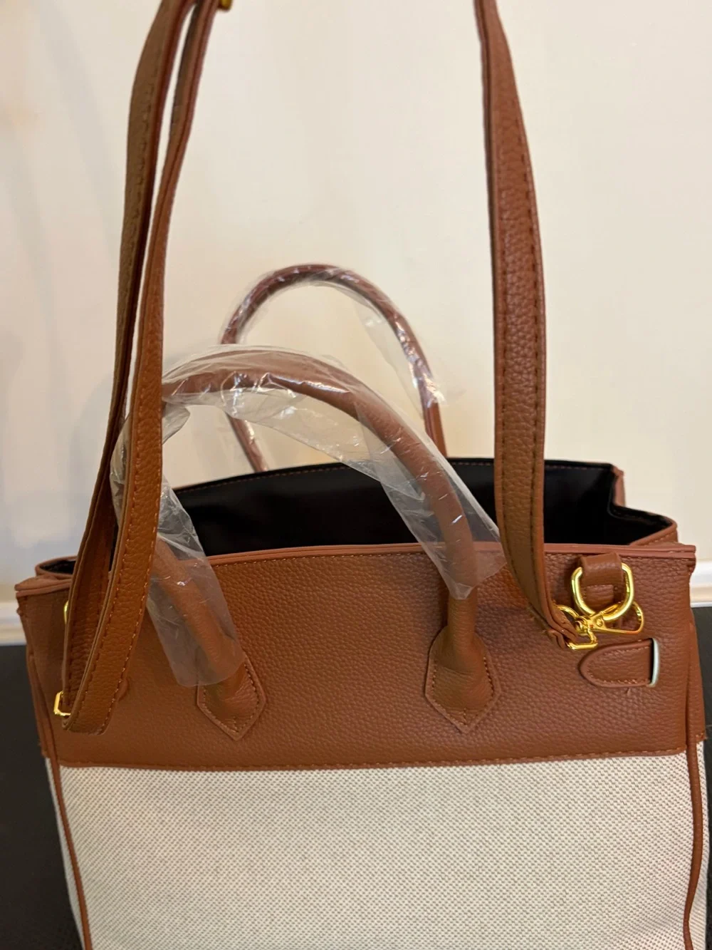 Brown and Cream Two-Tone Satchel Handbag